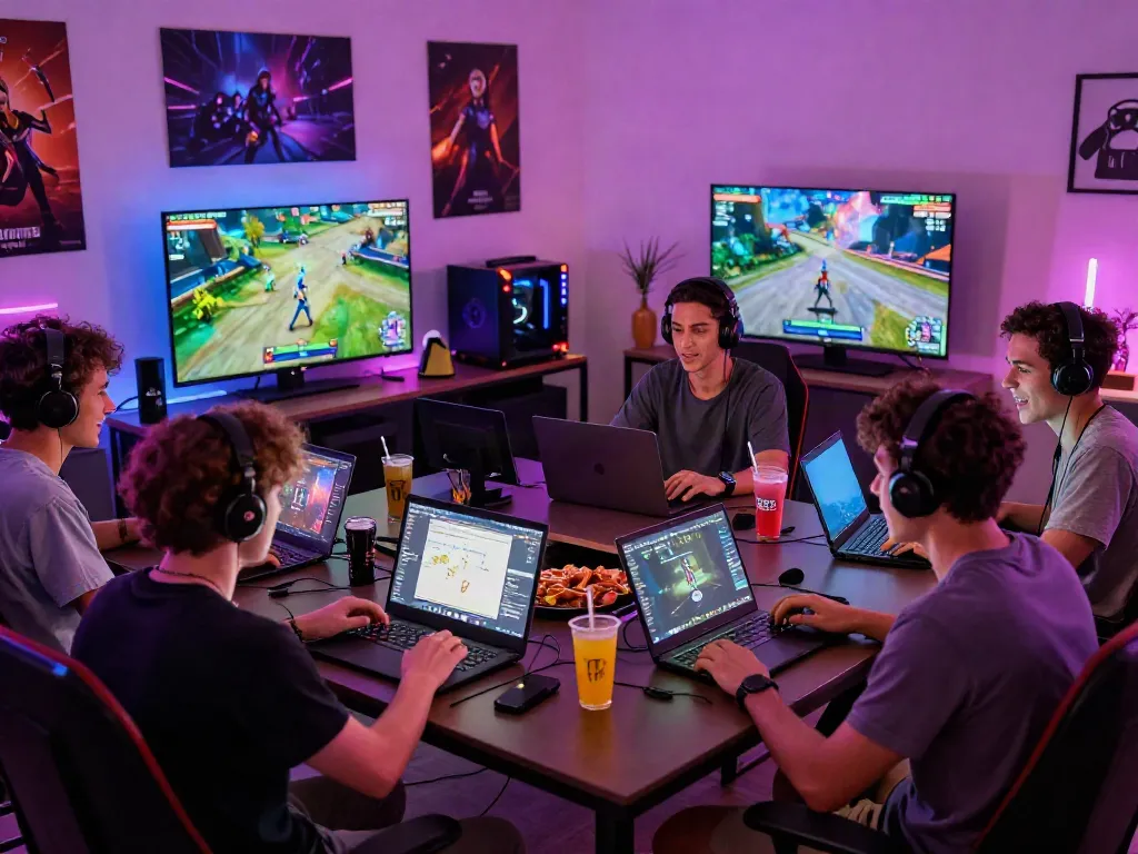 Friends enjoying games not on GamStop in vibrant gaming setup, displaying excitement and community.