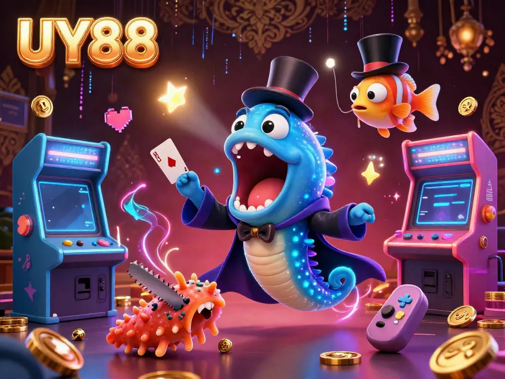Experience the thrill of UY88 with a captivating 3D magic act of sea creatures in a vibrant casino setting.
