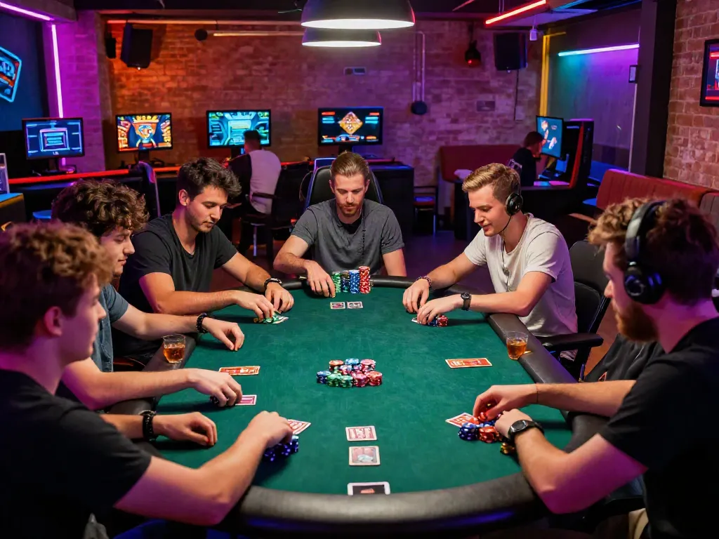 Players enjoying games not on Gamstop in a vibrant gaming lounge