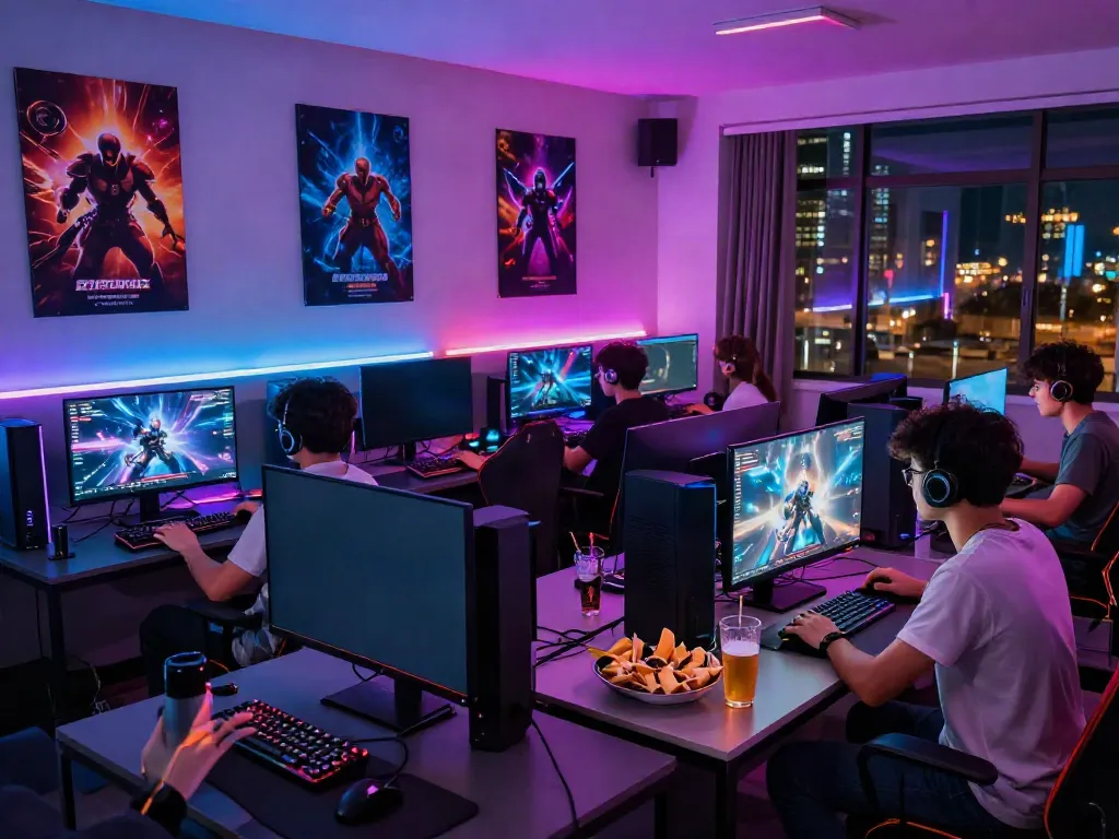Group enjoying games not on gamstop in a vivid gaming lounge.