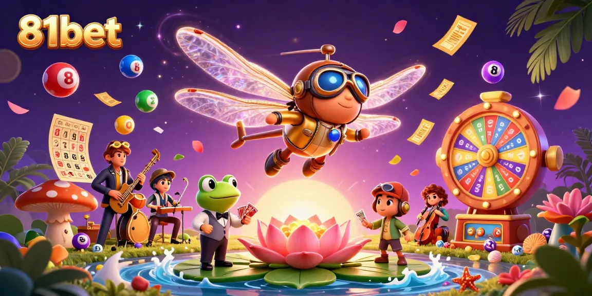 Engage with 81bet's vibrant casino scene showcasing a dragonfly pilot, frog dealer, and lively jazz musicians.