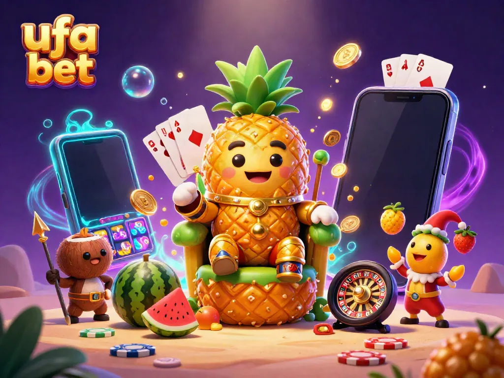 Experience the thrill of ufa bet with a golden pineapple king and lively casino elements in a vibrant scene.