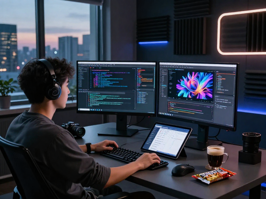 Innovative coder in a tech workspace exploring nsfw ai algorithms and applications.