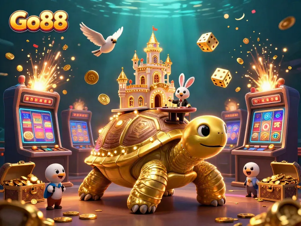 Play and win at Go88's exciting casino with a golden tortoise, rabbit dealer, and vibrant game elements.
