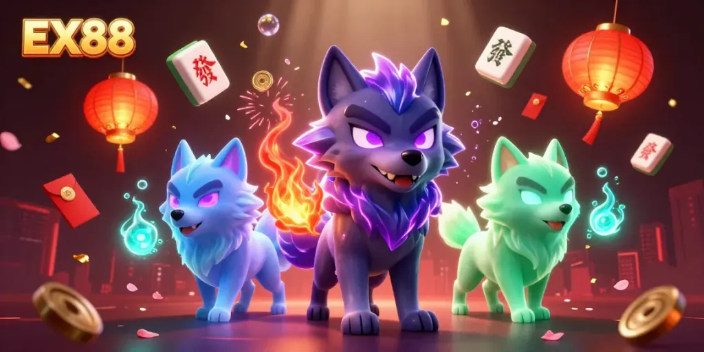 Experience the vibrant energy of EX88 with dynamic casino elements and glowing wolf characters.