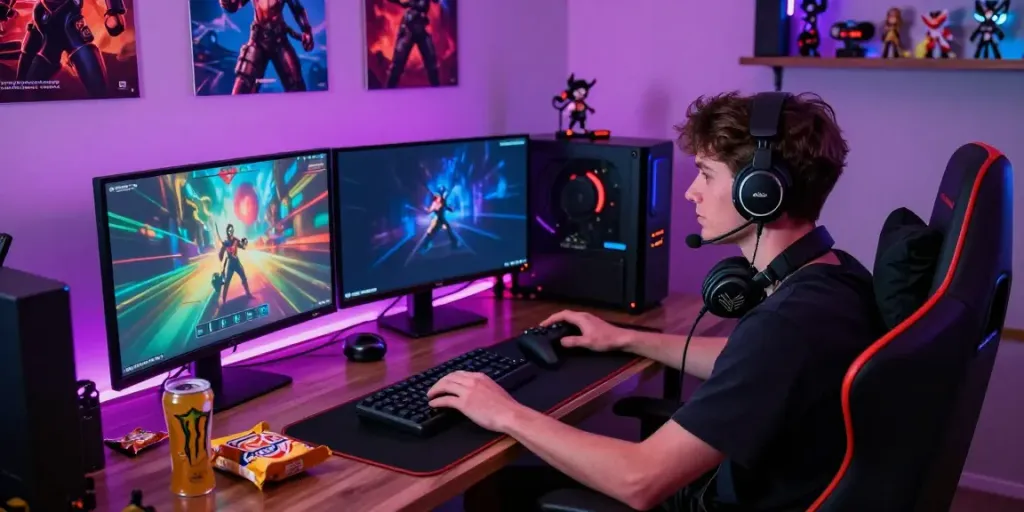 Engaged player immersed in games not on GamStop in a colorful gaming setup.