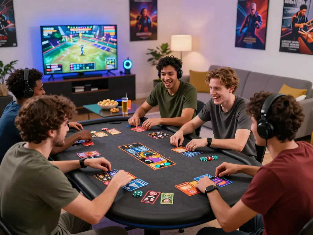 Exciting group of friends playing games not on gamstop with colorful game elements in a modern gaming room.