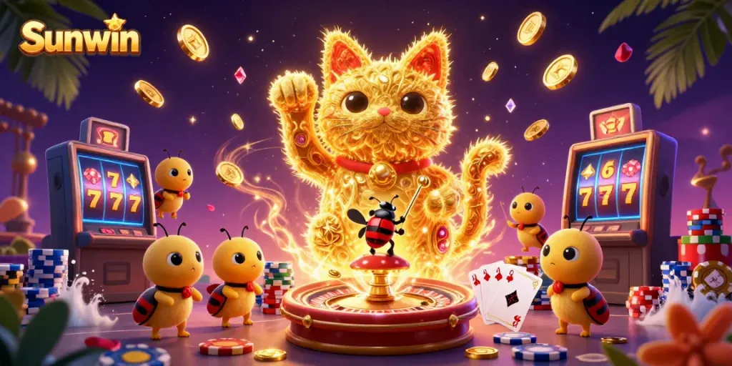 Experience the magic of Sunwin as golden fireflies create a lucky cat in a vibrant casino scene.