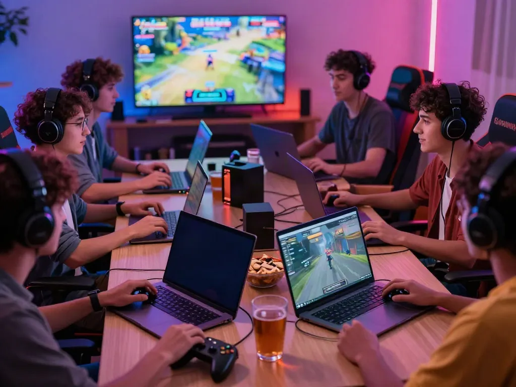 Group enjoying games not on GamStop in a vibrant gaming scene