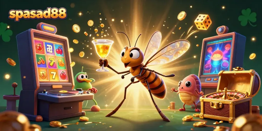 Engage in thrilling gaming with spasad88's vibrant casino mascot and exciting gaming elements.