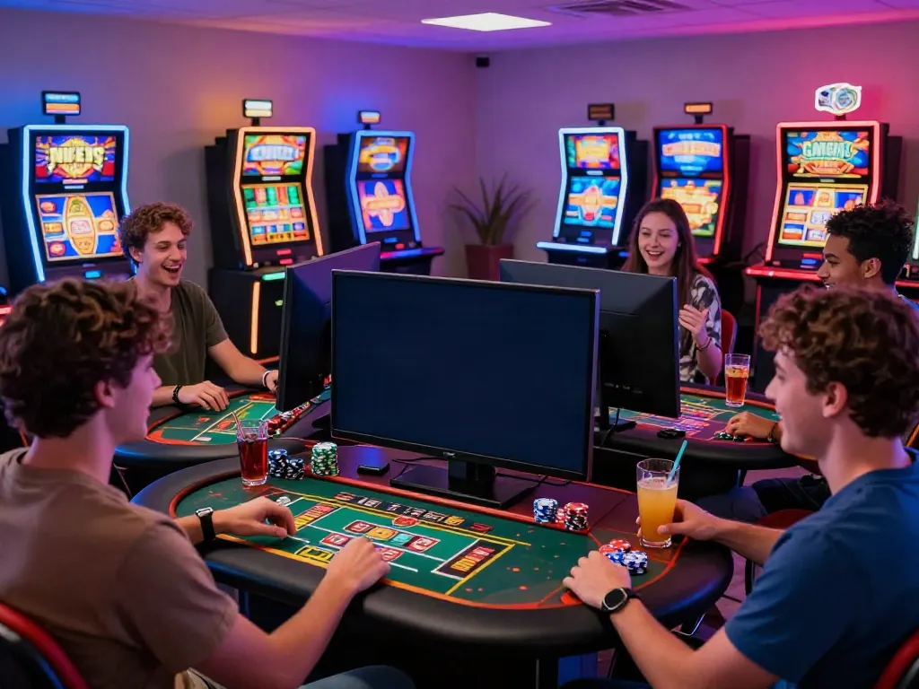 Friends enjoying games not on gamstop in a vibrant gaming environment.