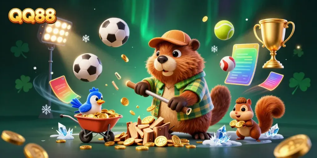 Experience thrilling gameplay at QQ88 with characters amidst a casino-themed scene filled with dynamic action and gold.