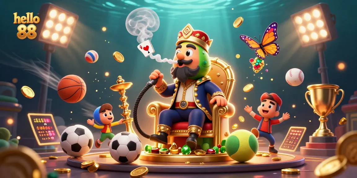Hello 88 illustrated scene featuring a caterpillar hookah-master, sports balls, and dynamic casino elements.