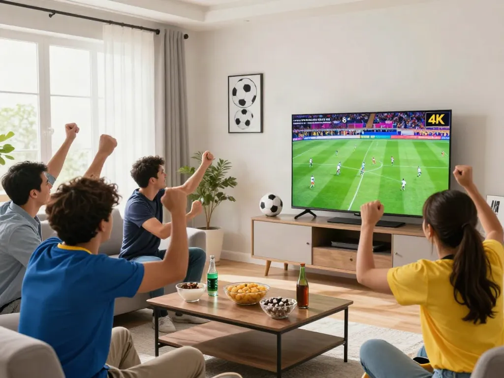 Fans enjoying football at home through Gavangtv, vibrant atmosphere and lively excitement.