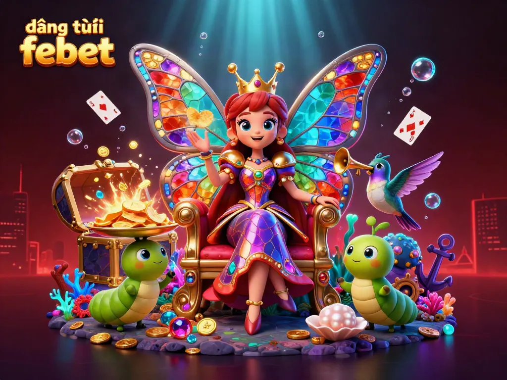 Immerse in the vibrant scene of đăng ký febet featuring a butterfly queen surrounded by casino treasures and lively elements