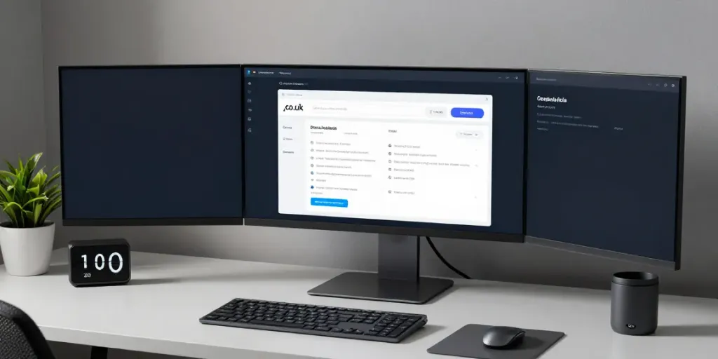 .co.uk domain registration displayed on ultrawide monitor in a modern workspace, emphasizing software development and digital platforms.