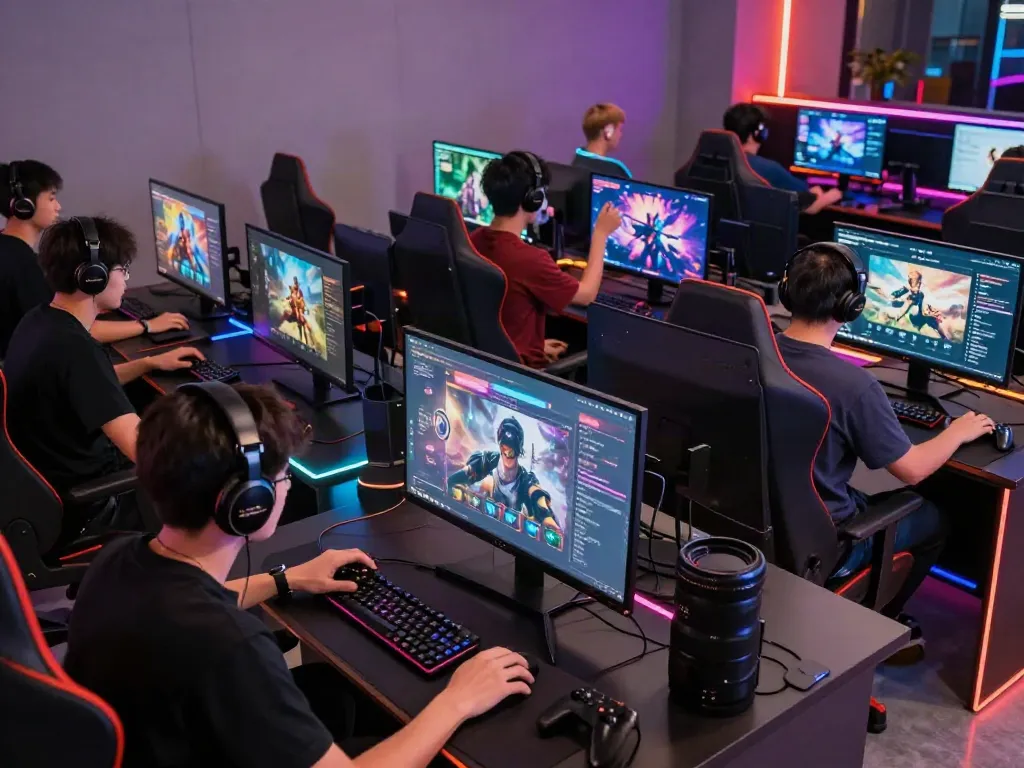 Gamers enjoying games not on GamStop in a vibrant gaming lounge.