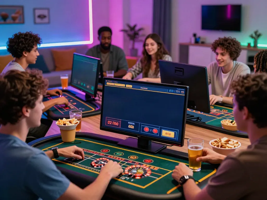 Friends enjoying games not on gamstop in a lively gaming environment.