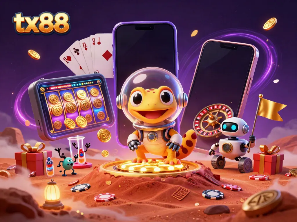 tx88 casino scene with Martian gecko discovering a golden casino with vibrant slot games and cheering aliens