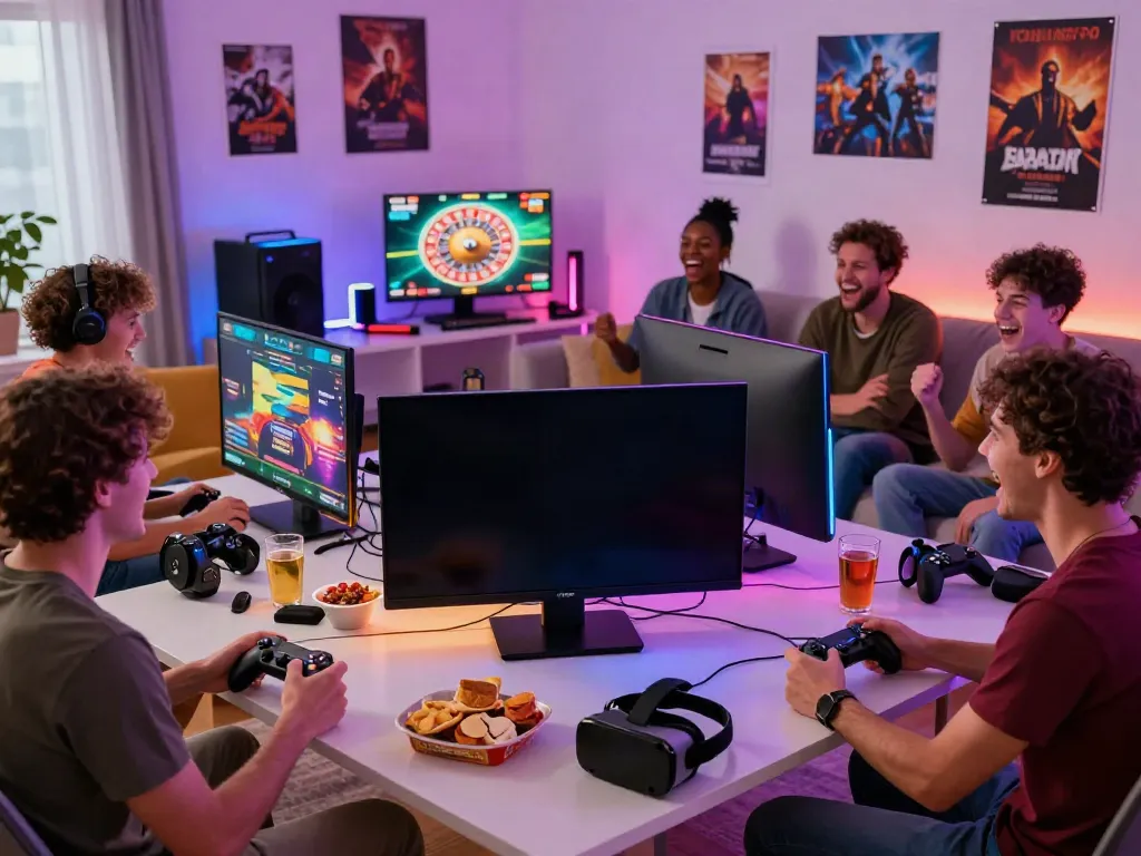 Friends enjoying games not on GamStop in a lively living room