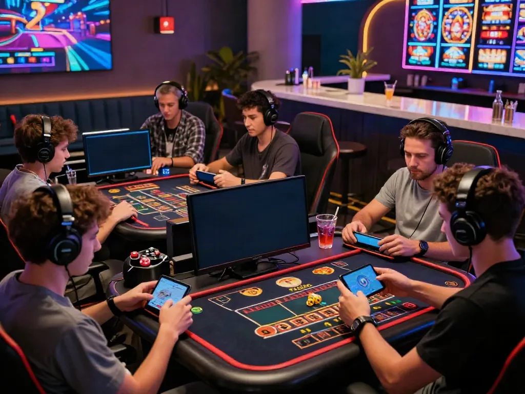 Players enjoying games not on GamStop in a vibrant online gaming lounge with colorful screens and engaging atmosphere.