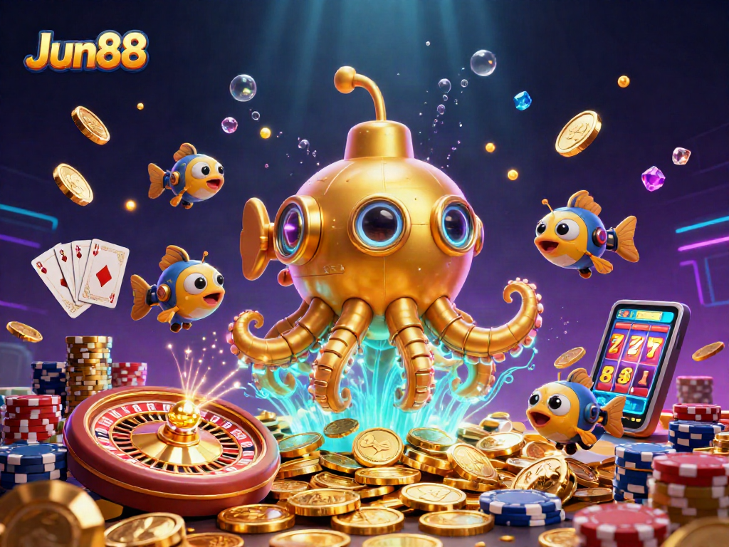 Experience thrilling gaming at Jun88 with a golden kraken submarine and dazzling casino elements.