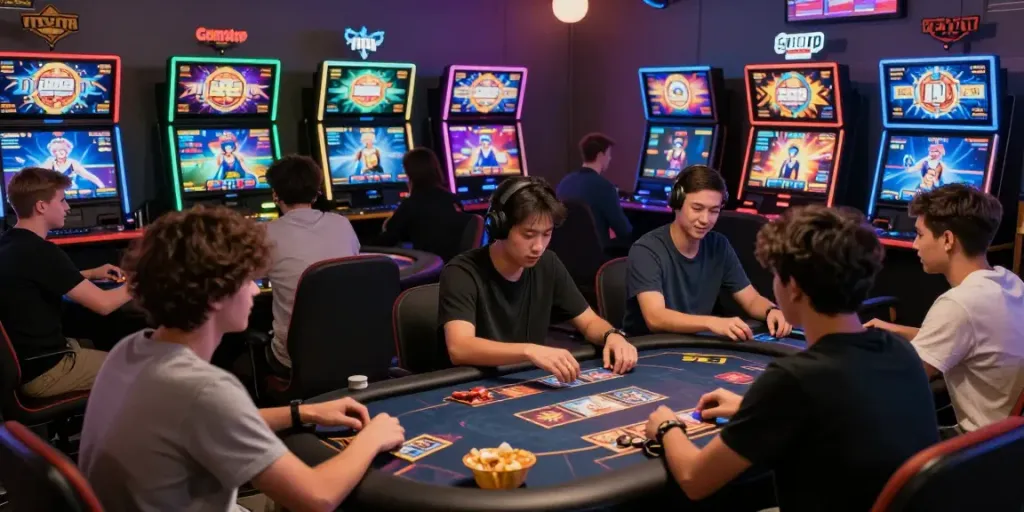 Players enjoying various games not on GamStop in a vibrant online gaming setup.