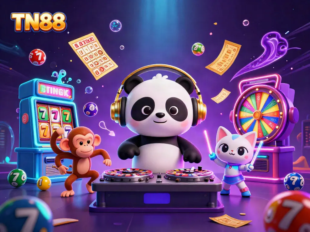 Experience excitement with TN88 in a vibrant casino scene featuring a DJ panda, dancing monkey, and kitten amidst slot machines and lottery elements.