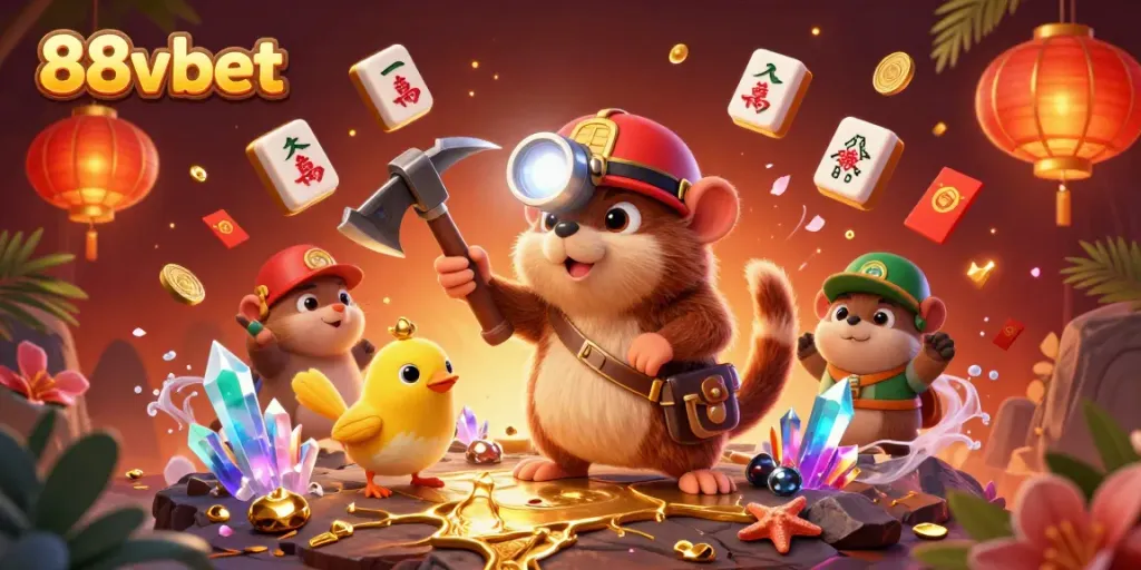 Engage in thrilling gaming adventures at 88vbet with treasure hunter mole surrounded by riches.