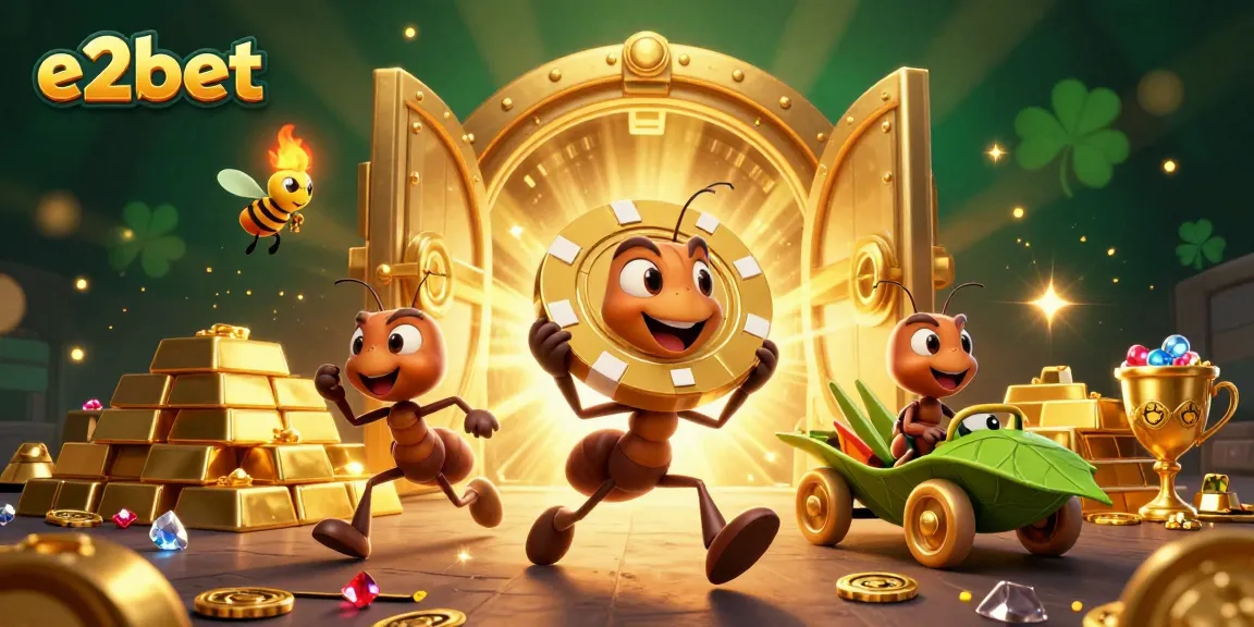E2bet offers exciting online gaming with thrilling visuals of ants carrying a giant poker chip.