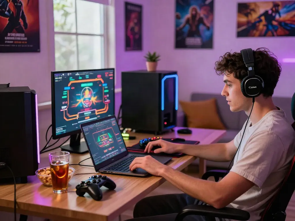 Player enjoying games not on gamstop in cozy gaming setup with snacks and LED lights.