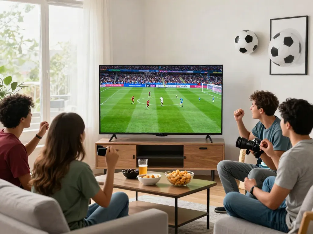 Xoilactv football viewing party in a cozy living room, friends cheering at a big match.
