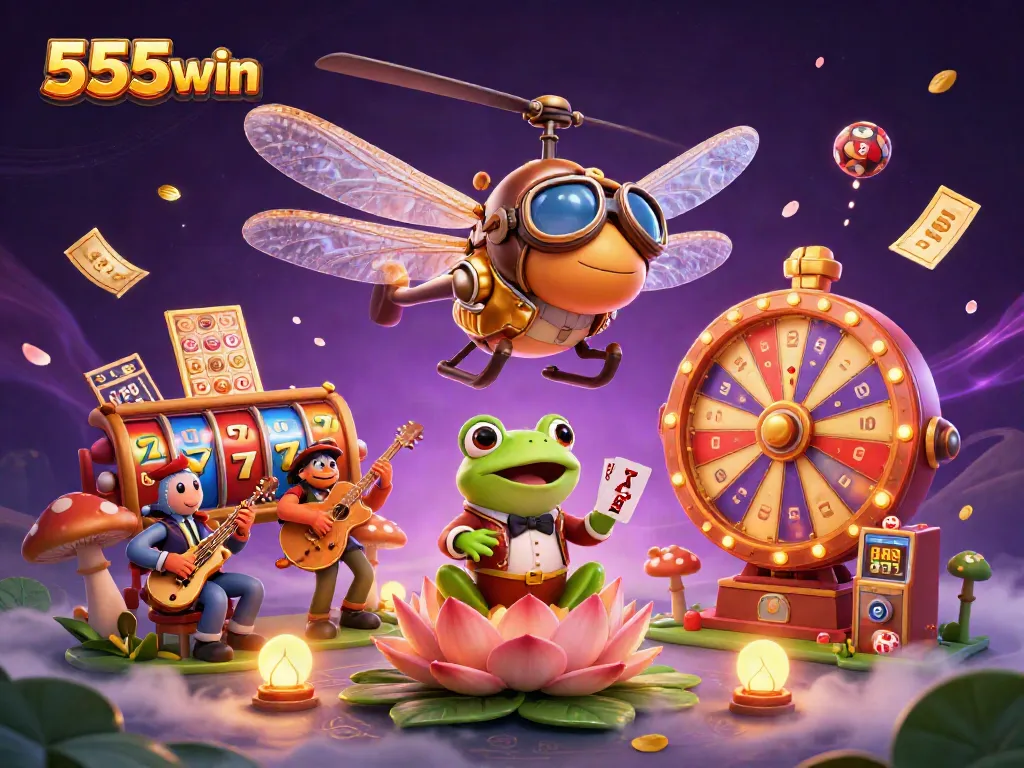 Engage in thrilling 555win casino adventures with vibrant slot reels, lively characters, and golden elements.
