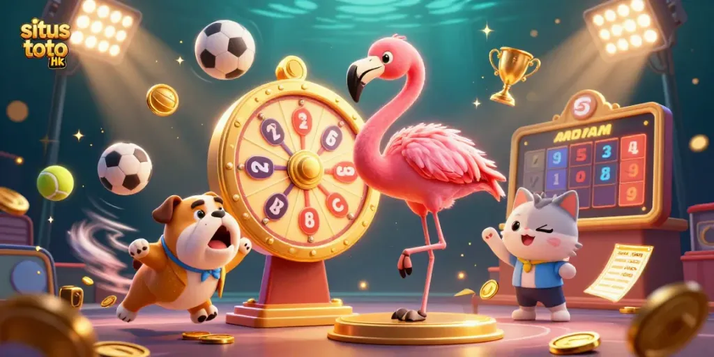 Situs toto hk showcases a dynamic game show scene with colorful characters, betting elements and vibrant sports balls.