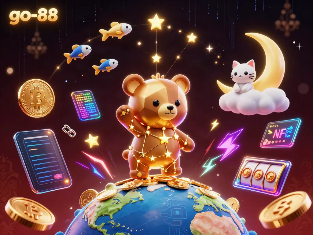 Experience excitement at go-88 with a dynamic illustration of gaming characters, slot elements, and crypto coins.