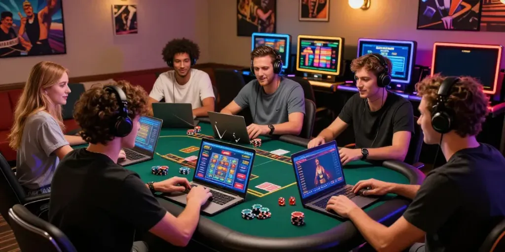 Friends enjoying games not on GamStop in a vibrant gaming environment with laptops, cards, and excitement.