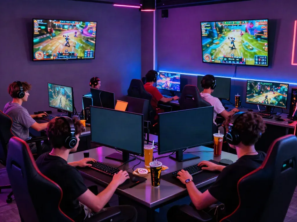 Gaming enthusiasts focused on games not on GamStop in a lively gaming lounge.
