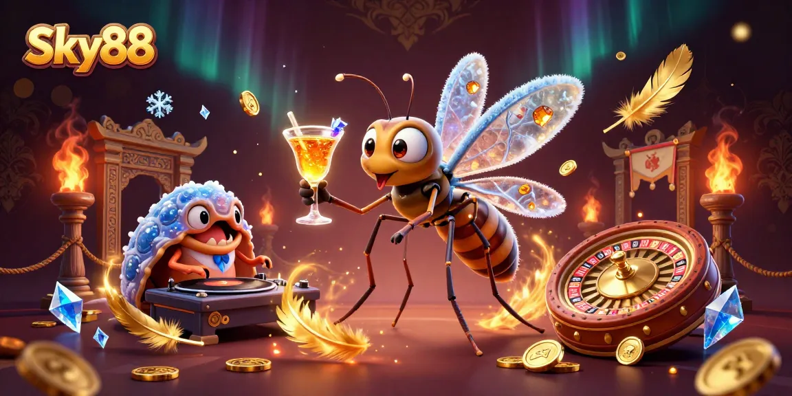 Engage with Sky88's vibrant casino atmosphere featuring a lively mascot, DJ, and roulette wheel.