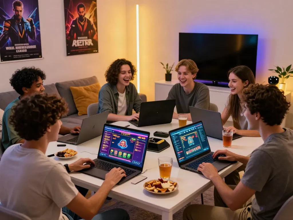 Friends enjoying exciting games not on GamStop in a lively living room.