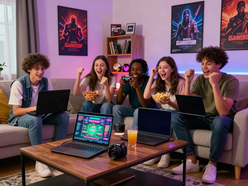 Group of friends enjoying engaging games not on GamStop in a cozy living room.