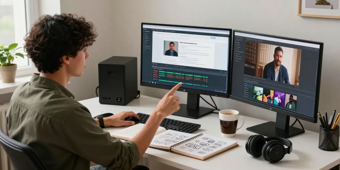 Content creator curating NSFW digital media in a modern workspace with analytical screens and creative elements.