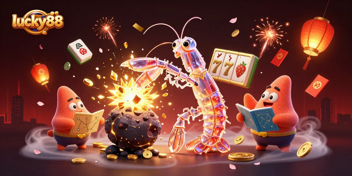 Experience thrilling action on lucky88 slot with a colorful 3D illustration showcasing bright gems, coins, and dynamic game elements.