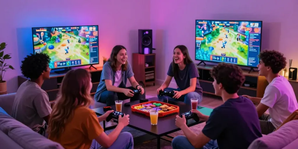 Friends enjoying games not on GamStop in a vibrant gaming lounge.