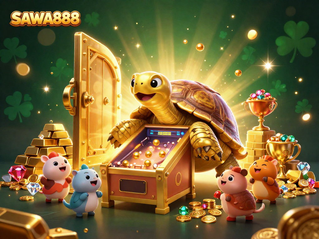 Experience the thrilling fun with SAWA888's vibrant gaming scene featuring a colossal tortoise pinball machine.