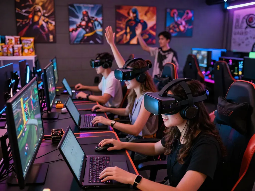 Engaging gaming community with players focused on games not on gamstop, surrounded by vibrant atmosphere and tech.