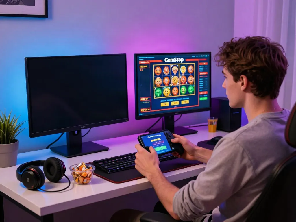 Player enjoying games not on GamStop at home casino setup with monitors, snacks, and gaming gear.