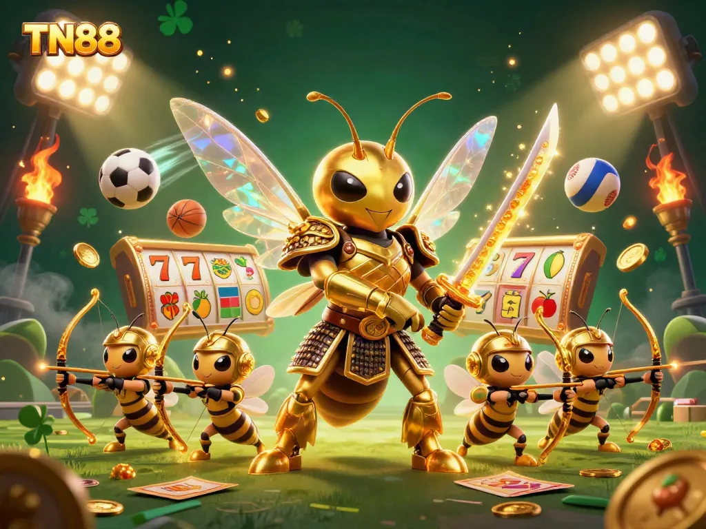 Engage with TN88's energetic casino atmosphere featuring a golden hornet and bee archers in a vibrant gaming scene.