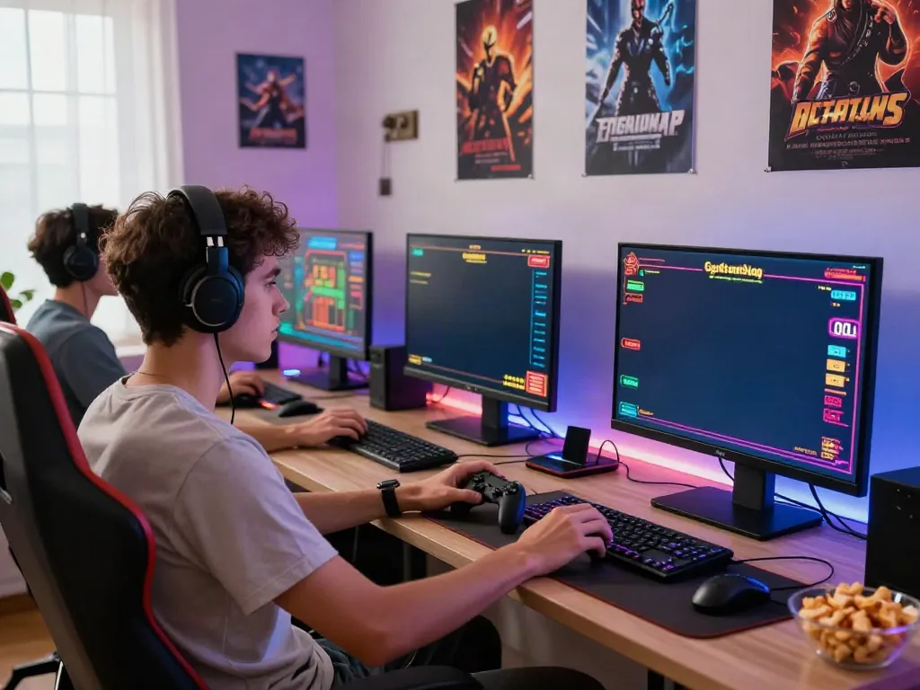 Engaged gamer playing games not on GamStop in modern setting.