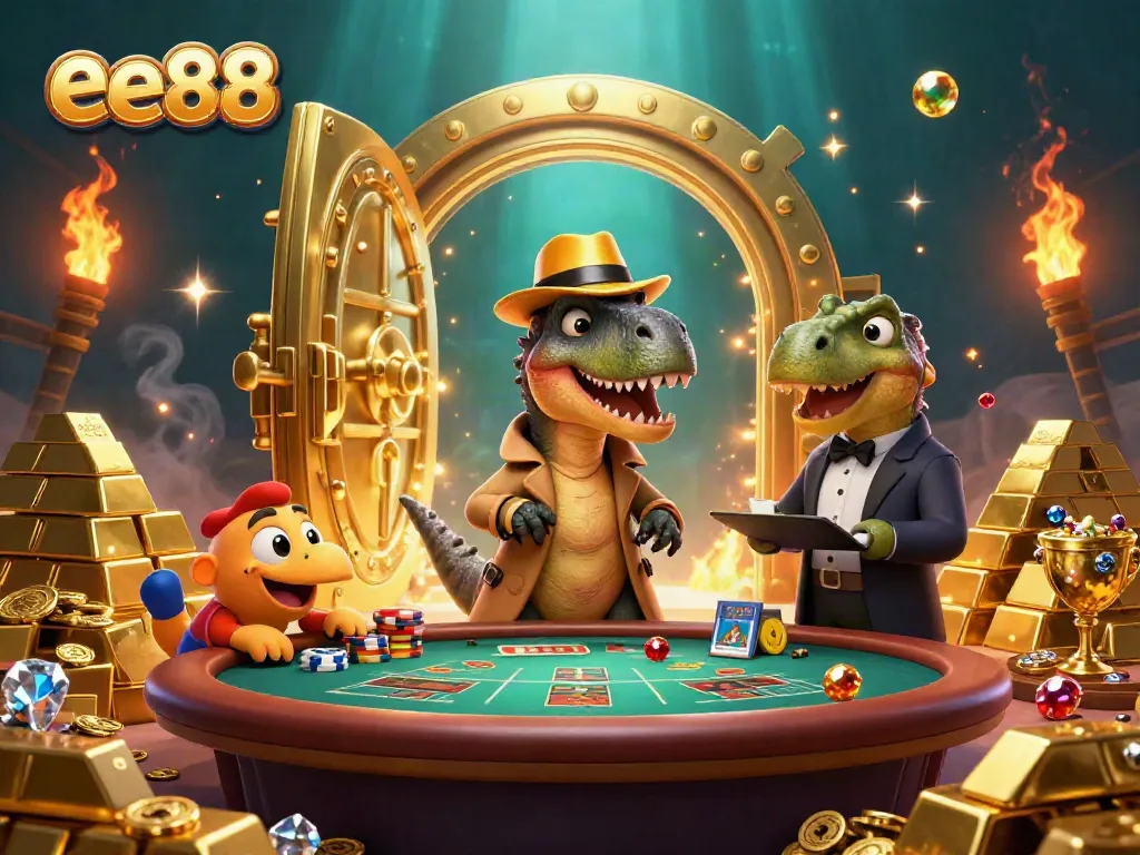 Experience the excitement of table gaming at ee88 with a fun dinosaur-themed scene featuring a velociraptor card counter.