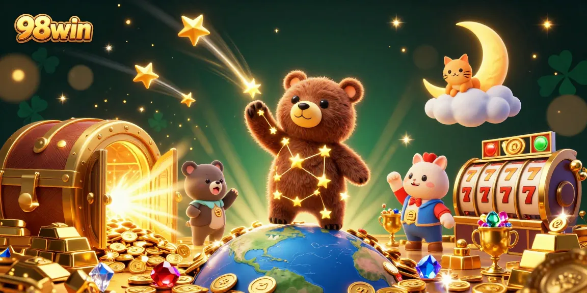 Play and win big at 98win's rich casino illustration with stars, treasures, and slot games.
